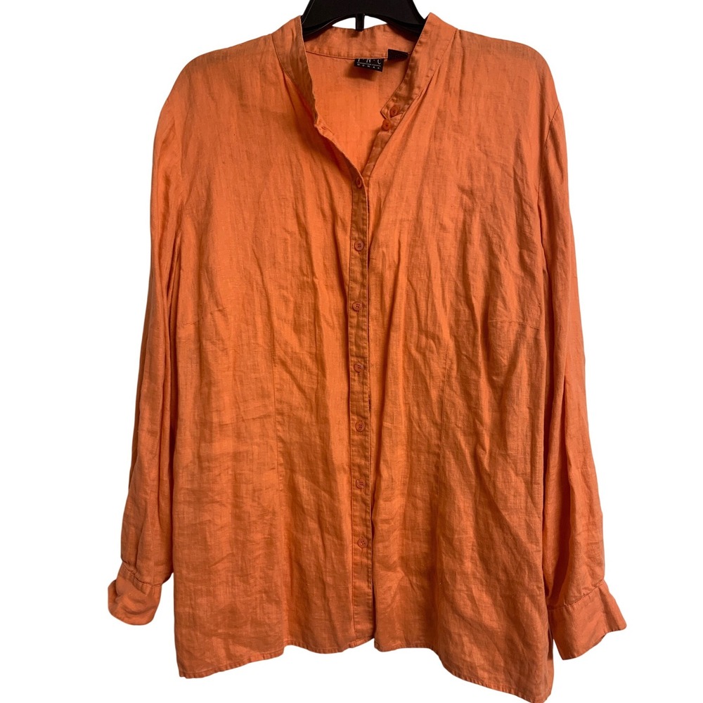 INC International Concepts Orange 100% Linen Button Down Blouse 18W
